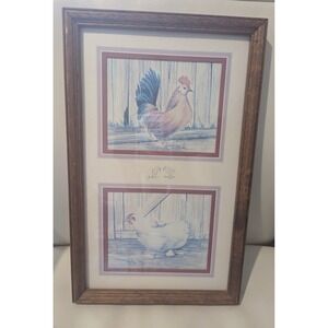 Vintage Kathleen Casey 1985‎ Framed Farm Print Rooster Hen Chicken 16x10 Matted